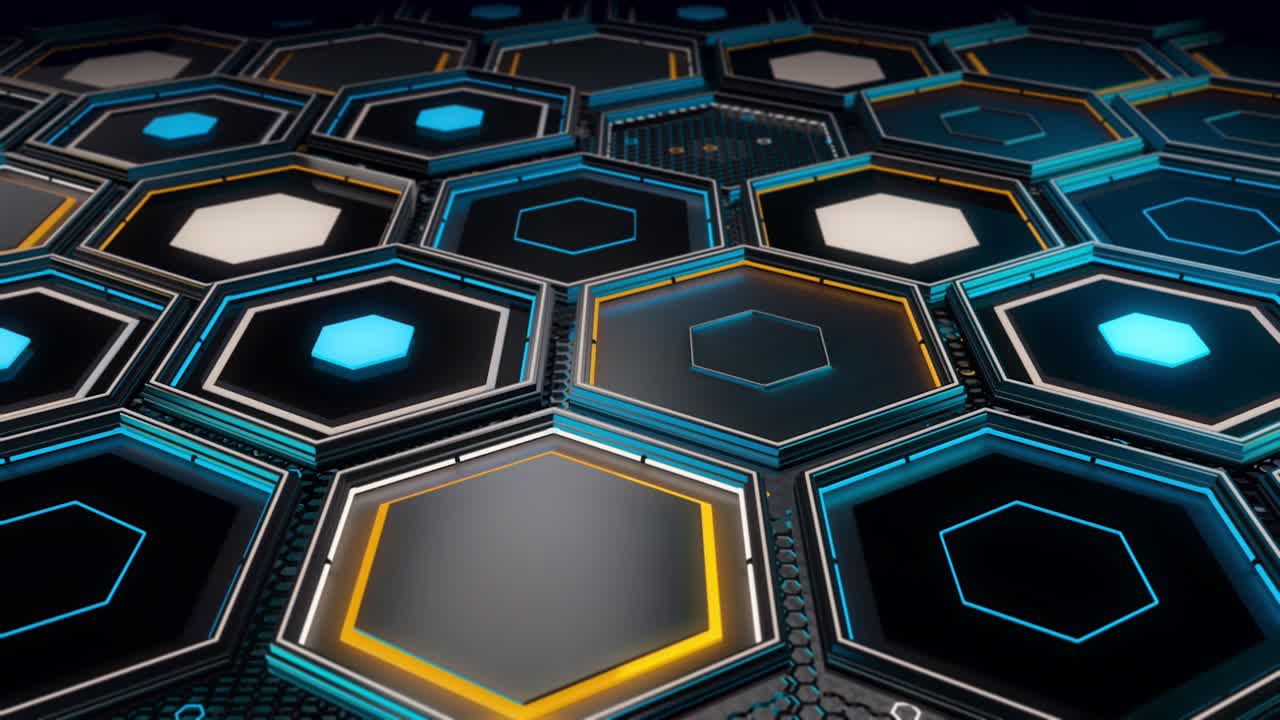 patrón tecnológico con muchos marcos hexagonales geométricos de colores azul y amarillo sobre fondo negro, bucle sin costuras. animación. primer plano de la superficie futurista con hexágonos