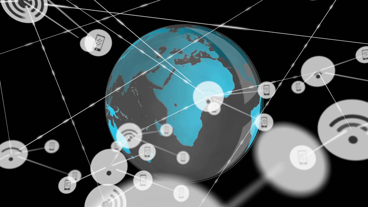 En indledende hvid prik vises, udløser en stiliseret globus, der forankres, mens ekspanderende noder viser et globalt netværk.