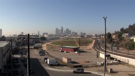 Long-shot-or-panorama-of-downtown-Los-Angeles-in-the-morning,-California,-USA