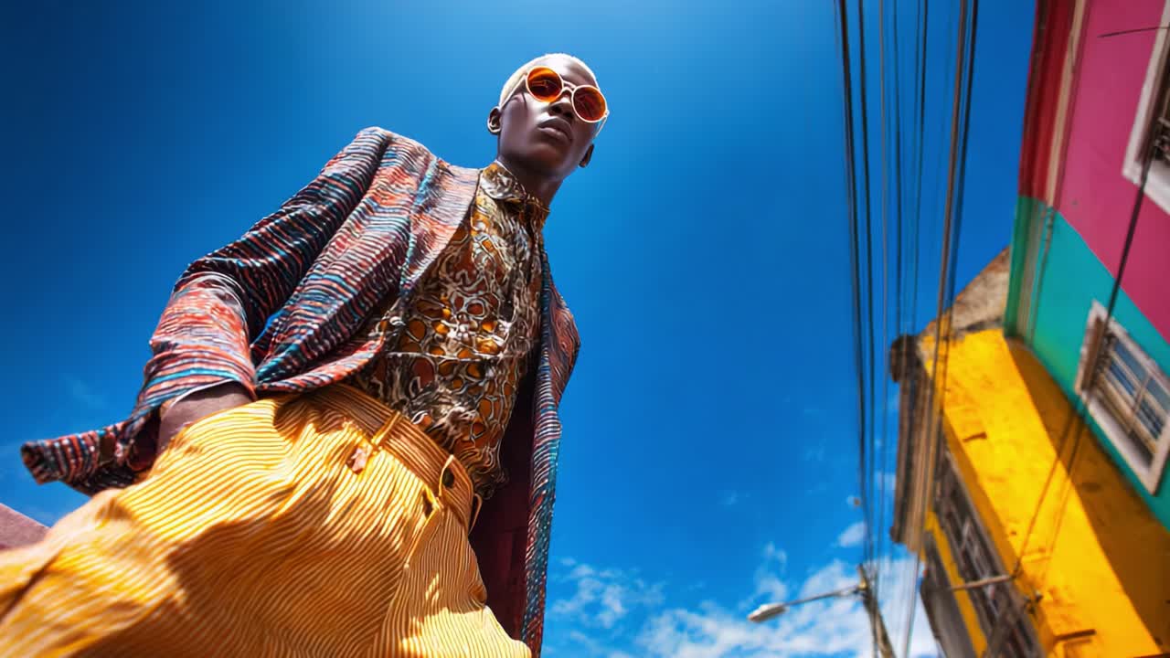 A Bold Fashion Statement: A Stylish Individual Showcasing Vibrant Attire Against a Clear Blue Sky, Capturing the Essence of Modern Urban Aesthetics and Trendsetting Design Choices in an Exquisite Outdoor Setting