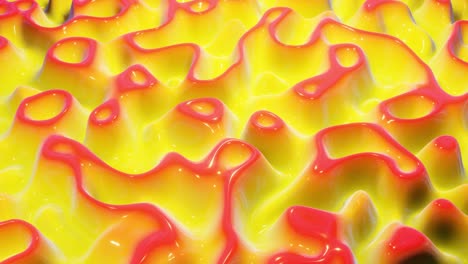 looped festive liquid bg in 4k. abstract wavy pattern on bright glossy surface, liquid gradient red yellow, waves on paint fluid in smooth animation. glitters on viscous 3d liquid. creative backdro