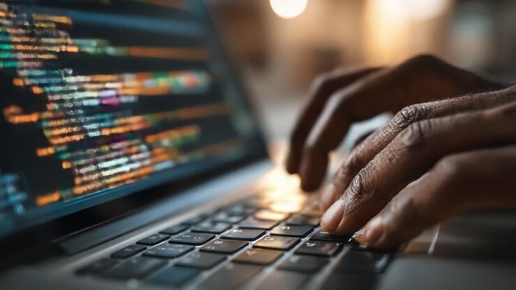 Un primo piano di mani che digitano attivamente codice su un laptop con la colorata evidenziazione della sintassi di programmazione visualizzata sullo schermo in un ambiente di lavoro coinvolgente.