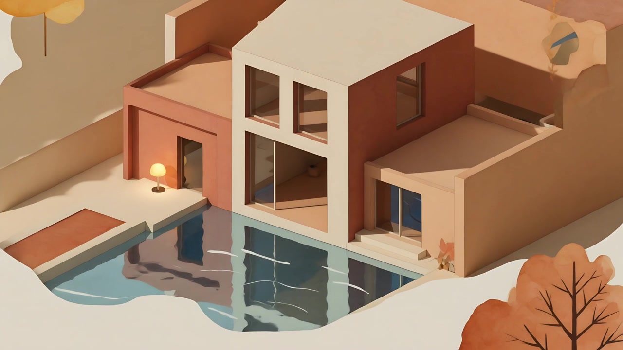 Un'apertura a taglio di carta rivela una moderna casa a due piani con cortile, piscina e lampada accesa.