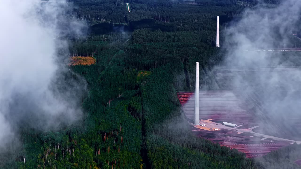 Wind turbine under construction, industrial in a forest cleared area, aerial