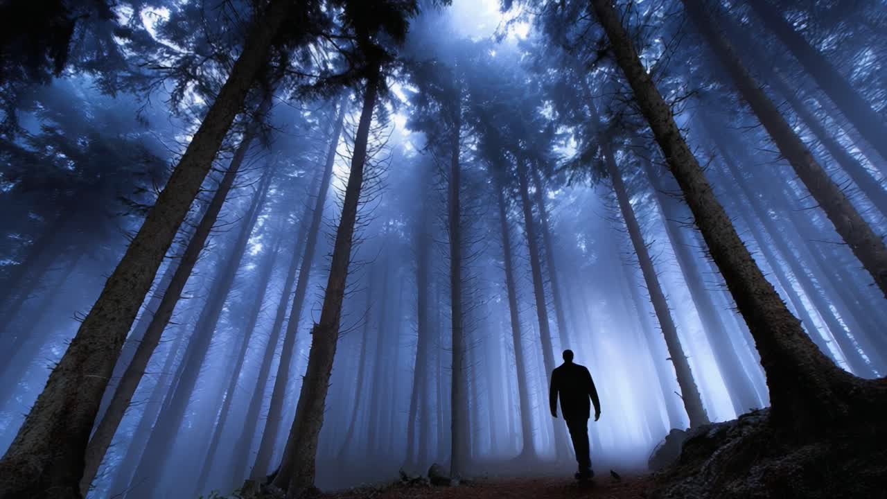 A solitary figure traverses a mysterious, fog-laden forest, enveloped by towering trees and an ethereal blue hue that creates an otherworldly atmosphere