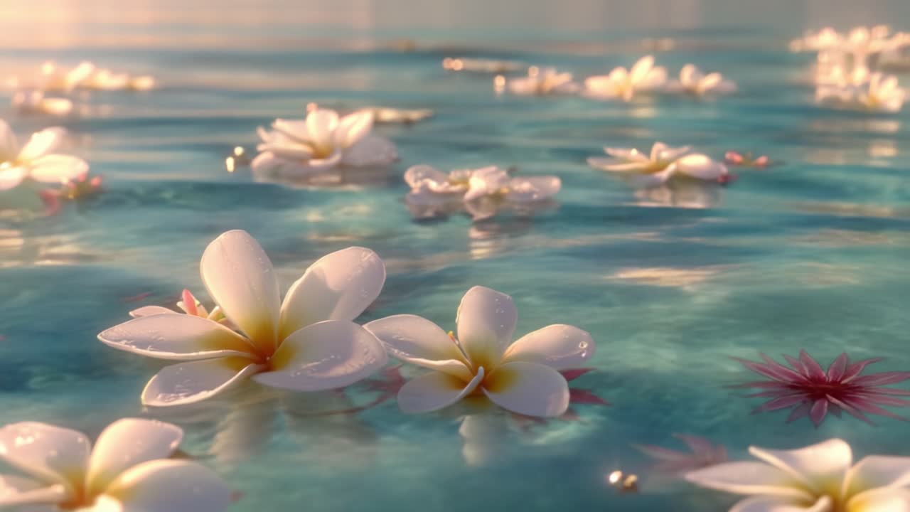 A Serene Water Scene with Floating White Flowers and Soft Reflections in a Tranquil Blue Pool, Capturing the Beauty of Nature's Elegance and Calmness
