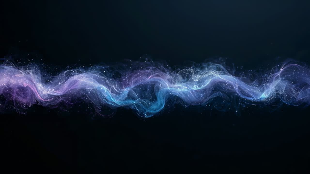 Starting sequence, luminous violet-cyan ribbon flowing across dark gradient, trailing particles