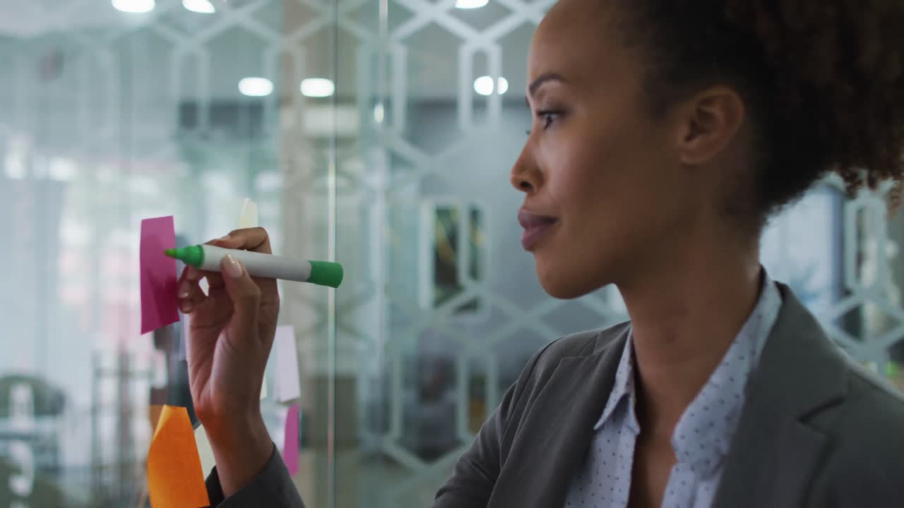 Mixed race businesswoman writing with green marker on memo note on transparent board in office