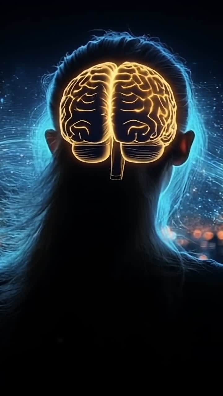 City skyline brain visual. A person's silhouette features a glowing brain against a night city, merging creativity and technology.