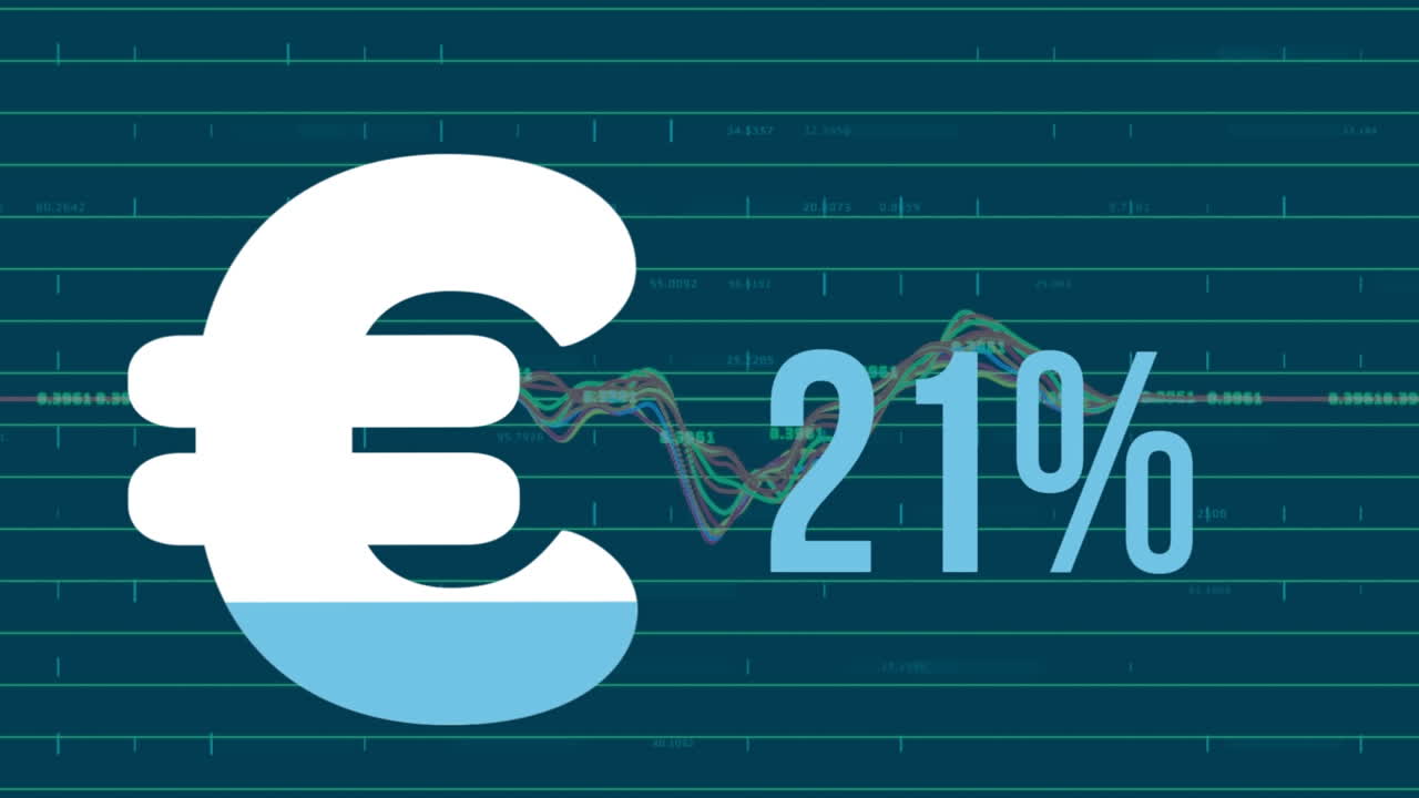Animazione del simbolo dell'euro con percentuale su elaborazione dati finanziari
