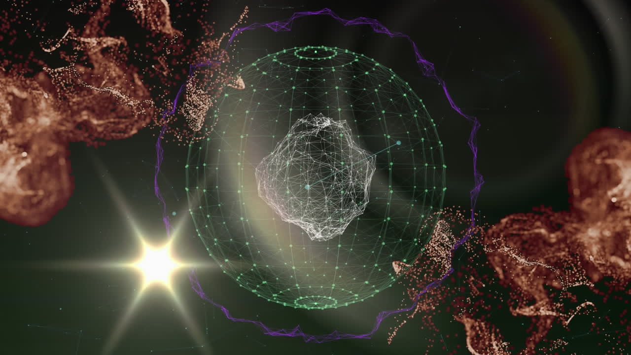 animación de un punto de luz que se mueve sobre ondas digitales rojas y un globo de red de conexiones