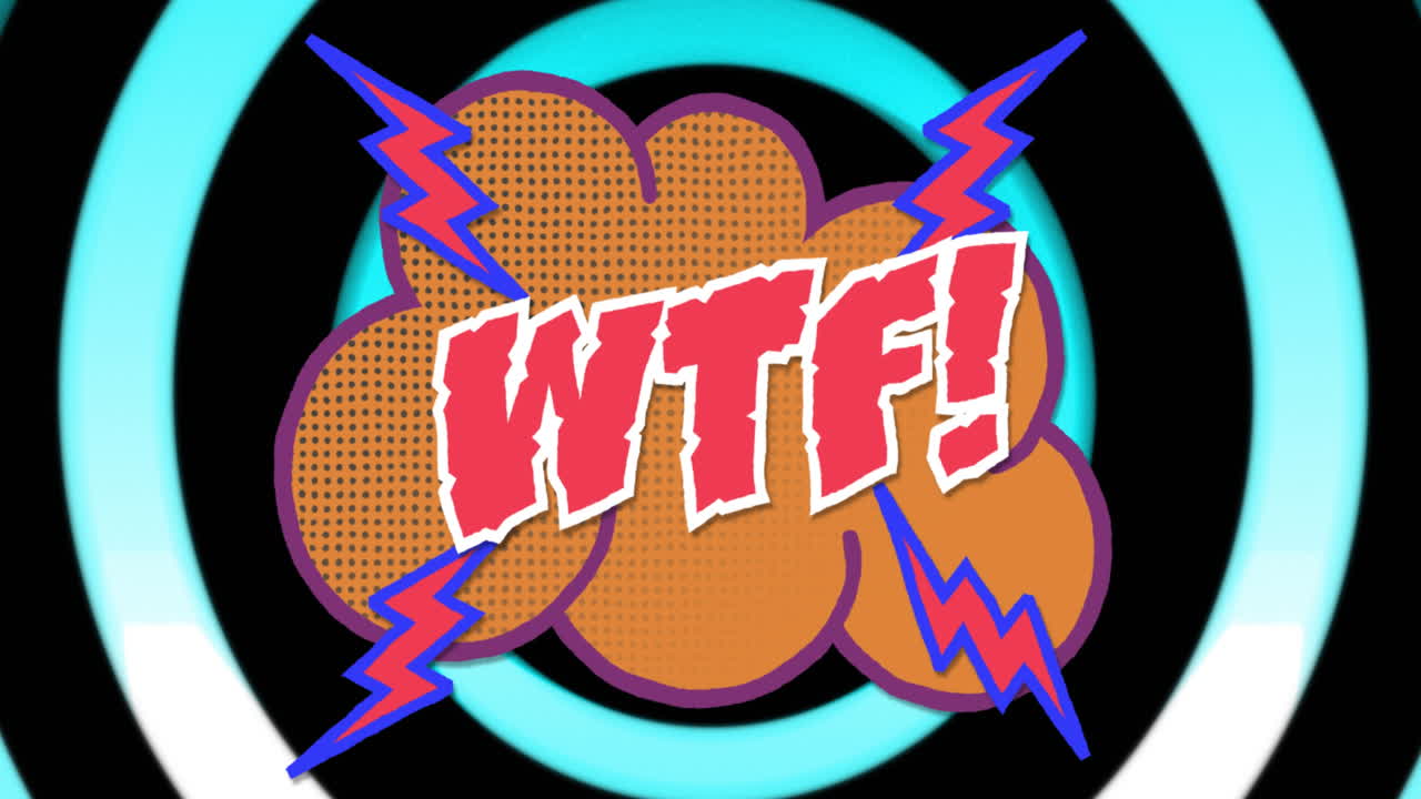 검은색 배경의 다채로운 원 위에 wtf 텍스트의 애니메이션