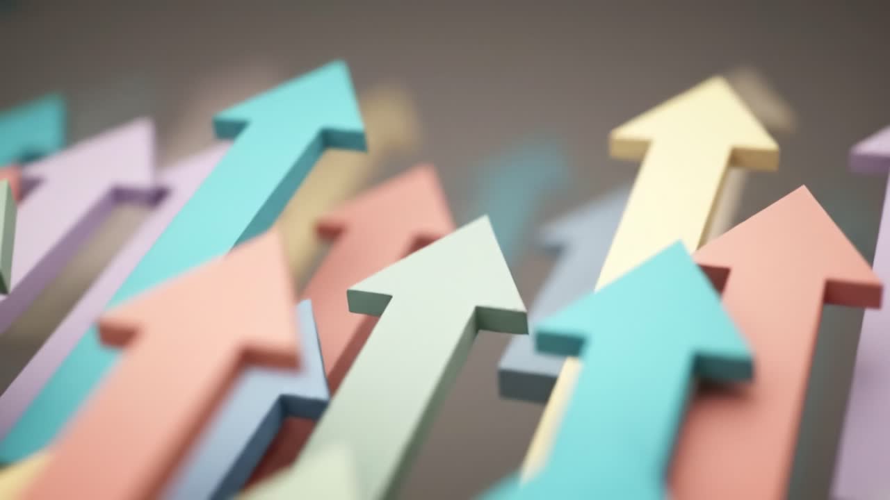In a dynamic arrangement, various pastel-colored arrows point upward, symbolizing growth, success, and positive change in an abstract setting. The visual conveys an inspiring message.