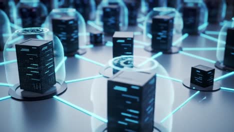 futuristic network of data servers encapsulated in transparent protectors, showcasing advanced technology and digital connectivity in a high-tech environment