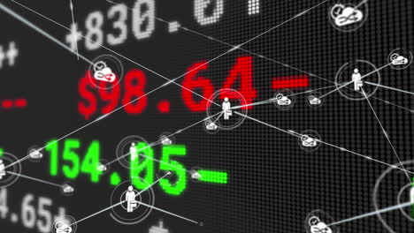 animation of stock exchange financial data processing over network of connections with icons