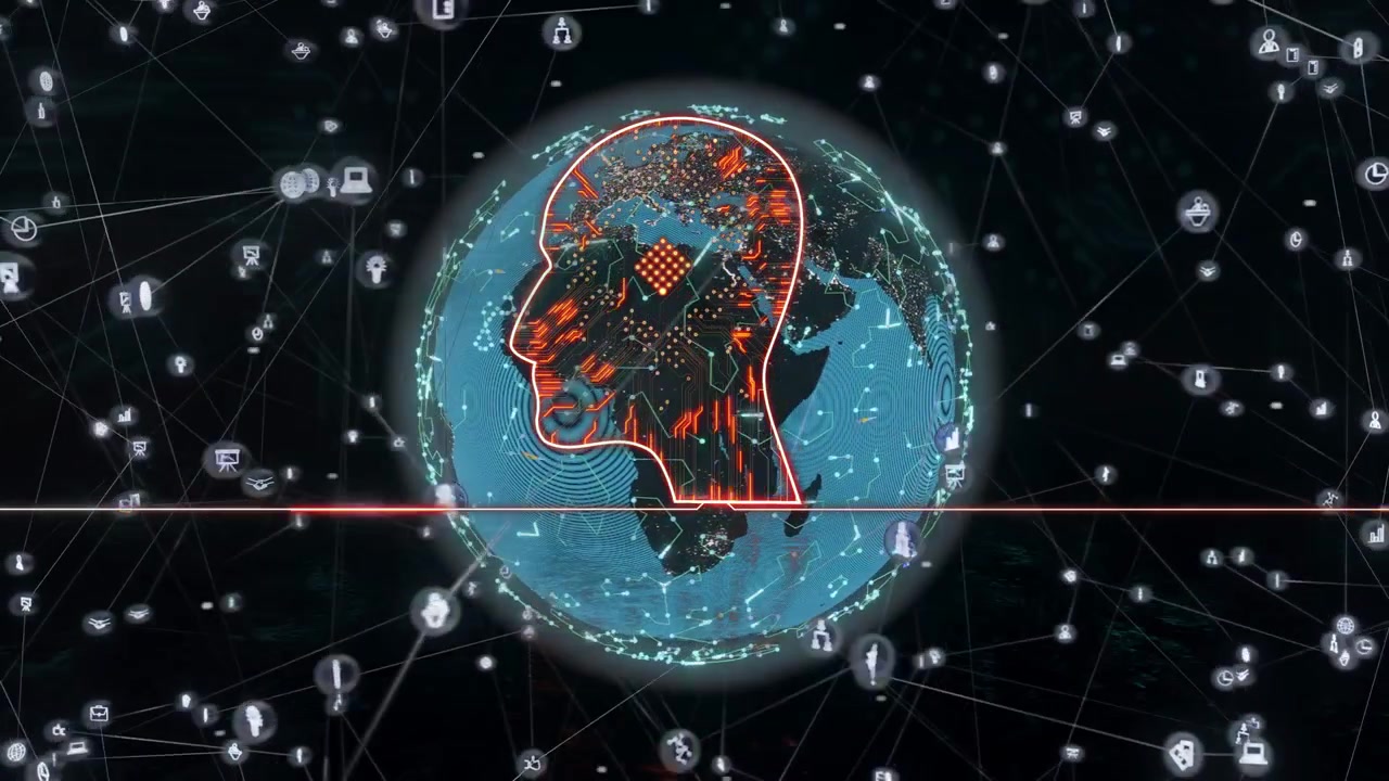 Chip driver cyanfarvet globus, neonhovedomrids roterer, gnistrende striber visualiserer globalt netværk