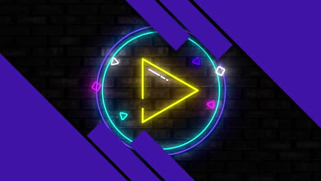 animación digital de formas azules abstractas sobre un icono de juego amarillo neón contra una pared de ladrillo