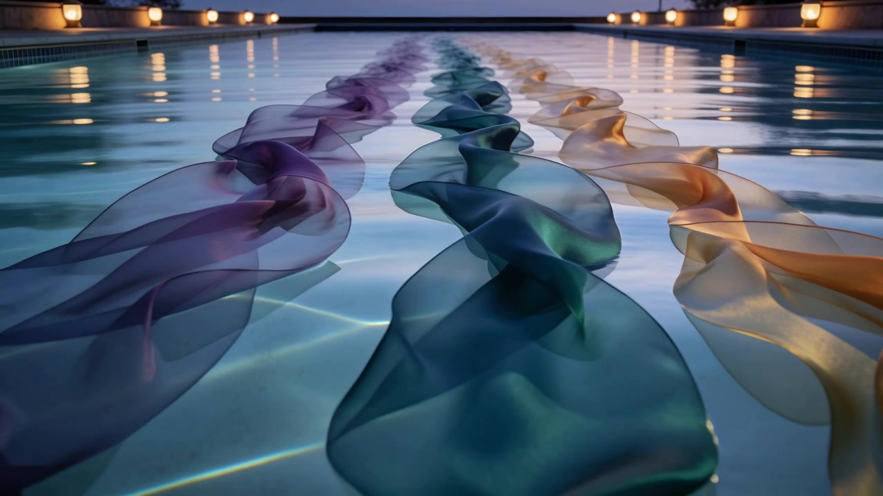 Nudging by light breeze three fabric ribbons undulating along long pool at dusk, with lantern glow