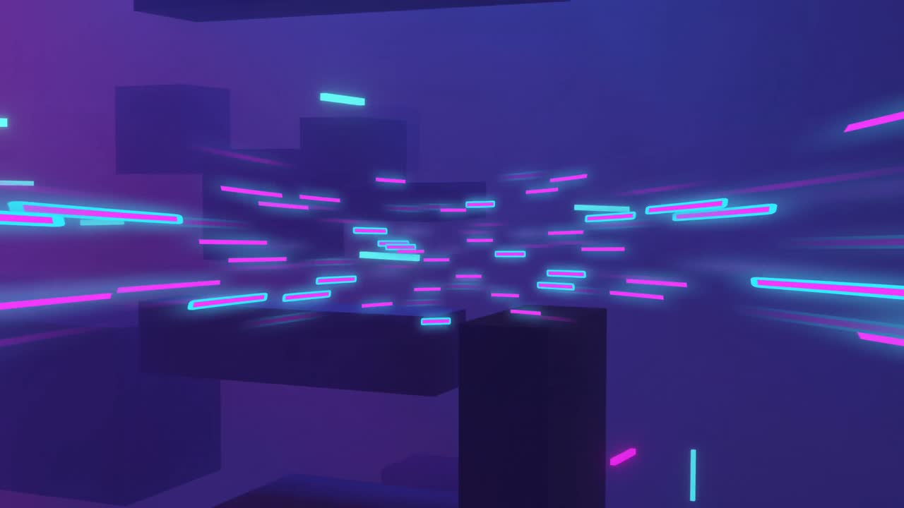 Animation of light trails and abstract shapes moving on purple background