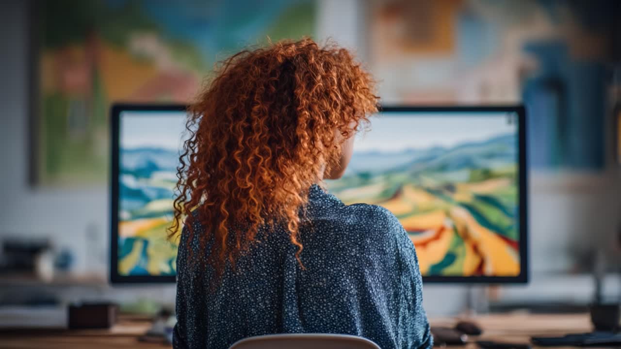 A Creative Mind Engaged with Vibrant Digital Art: The Journey of Inspiration and Imagination Captured in Two Distinct Frames of Focused Observation