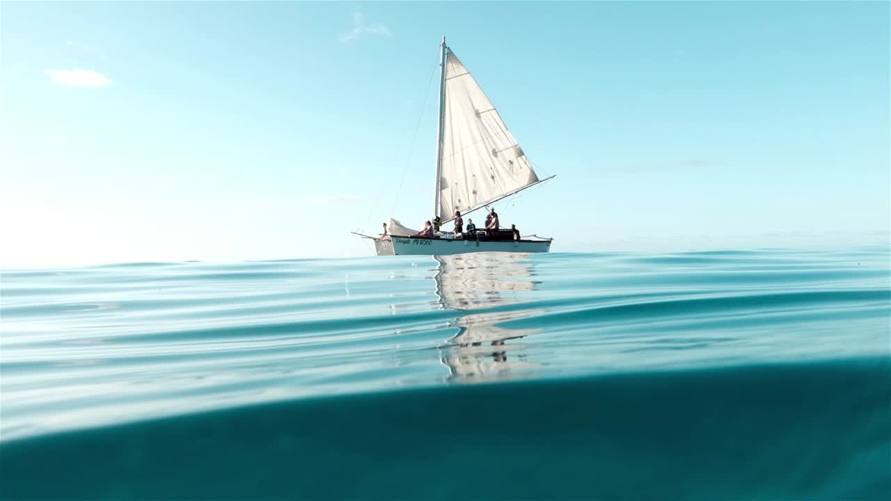 Sailing catamaran with it's sail up on the mast as seen from the glassy blue surface of the ocean with reflections on the water