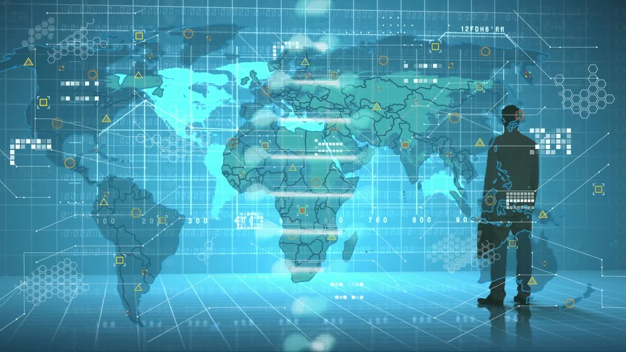 This video shows a businessman looking at a global business interface