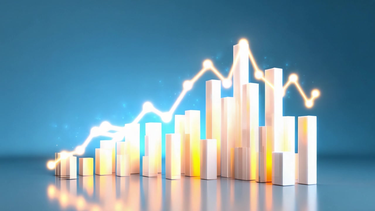 Visualizzazione Dinamica dei Dati con Tendenze a Grafici a Barre ed Elementi Digitali Astratti su uno Sfondo Blu che Rappresentano l'Analisi di Mercato e i Modelli di Crescita