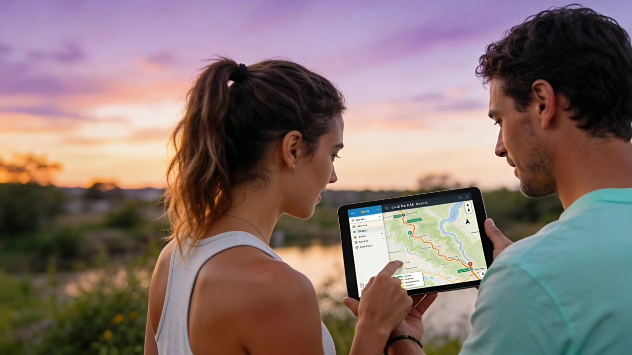 Tracciando una mappa su tablet dopo che il percorso è apparso, una donna con un top bianco e un uomo che si tiene fermo presso uno stagno al tramonto.