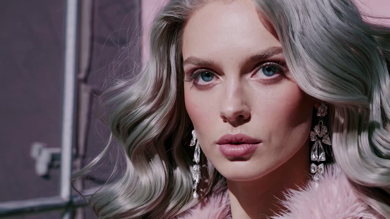 우아한 패션 모델이 플러시 분홍색 털, 반이는 다이아몬드 귀걸이를 입고 포즈를 취하며 부드러운 분홍색 배경과 전문적인 조명을 가진 화려한 스튜디오 환경을 강조합니다.