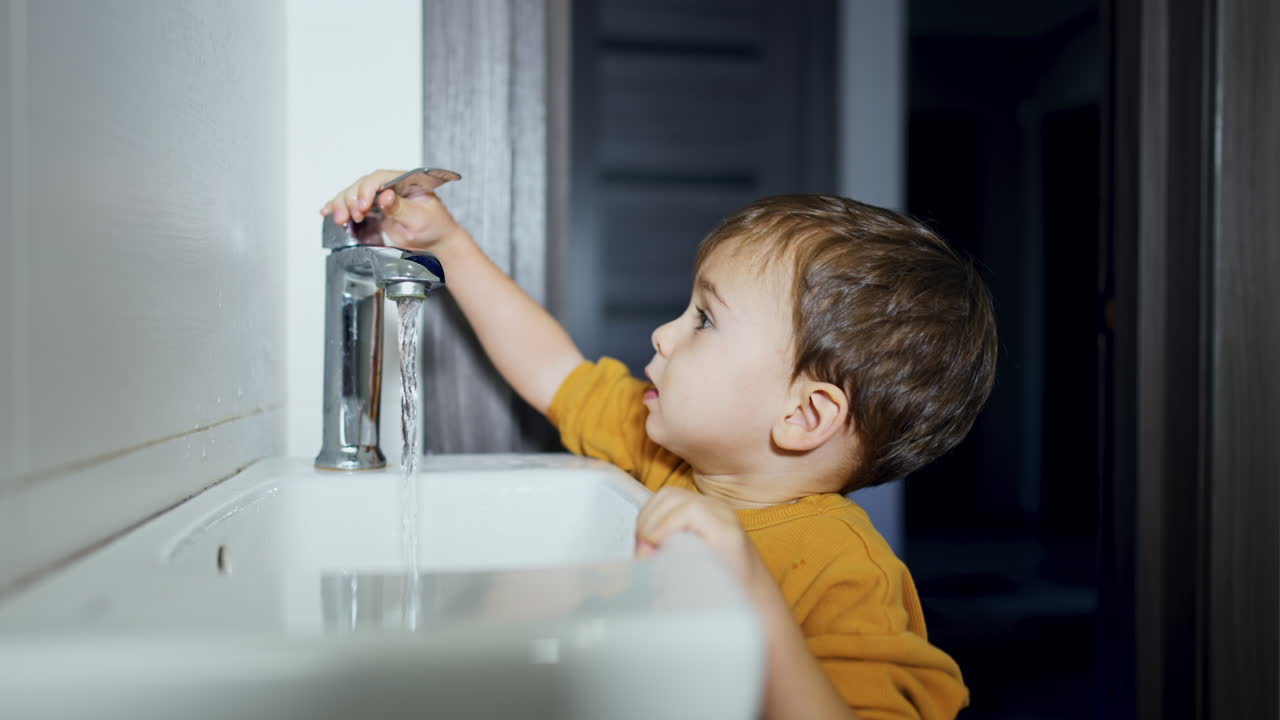 Adorable dark-haired toddler boy holding hand under the running water. Kid closes the tap as he finishes to wash hands.