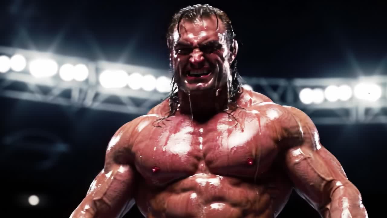 A powerful athlete displays strong emotion while competing in a vibrant arena.