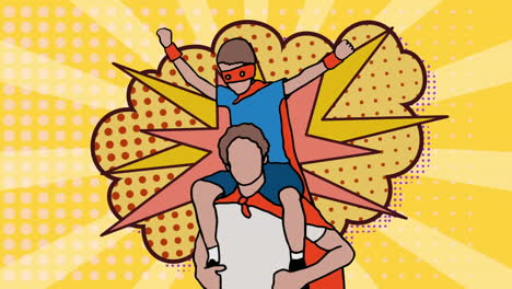 animation of illustration of father and son in superhero costumes over explosion and yellow stripes