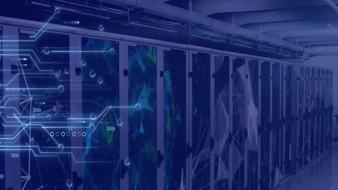 Animation of digital data processing over circuit board and computer servers