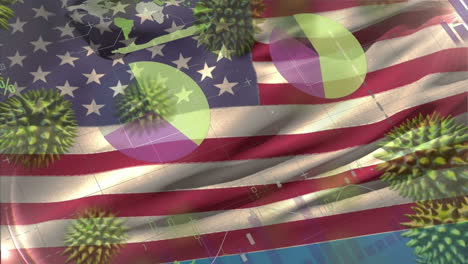 el macro virus de la corona se propaga con la bandera estadounidense ondeando en el fondo