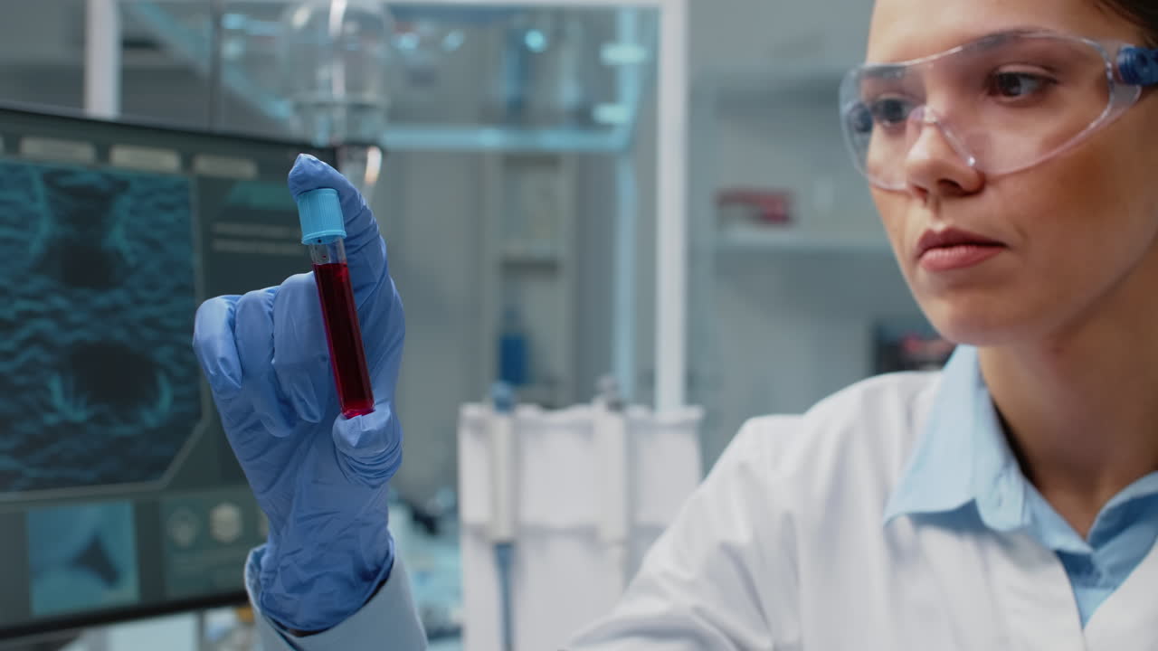 científico examinando una muestra de sangre en el laboratorio