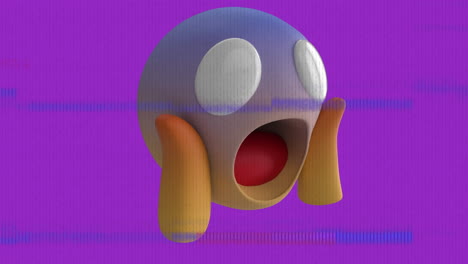 animación de emoji asustado sobre el ruido en la pantalla sobre fondo púrpura y blanco