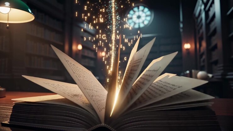 Libro magico che sprigiona lettere luminose che formano un cervello in una biblioteca