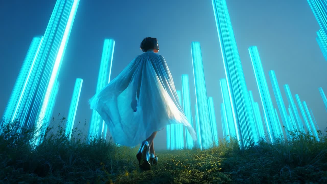 Woman Walking Through Futuristic Field of Glowing Lights