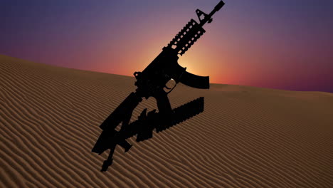 assault rifle in desert sunset silhouette