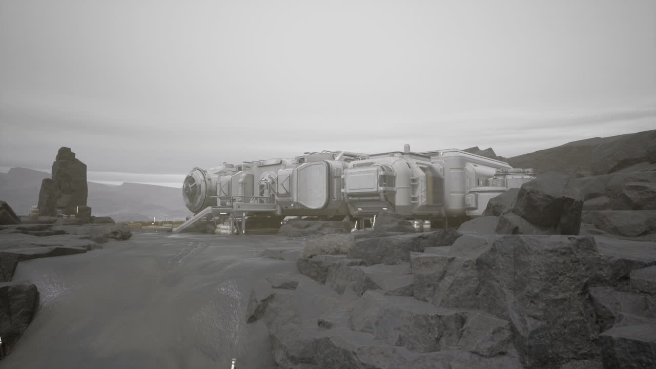 Space station amid rocky terrain