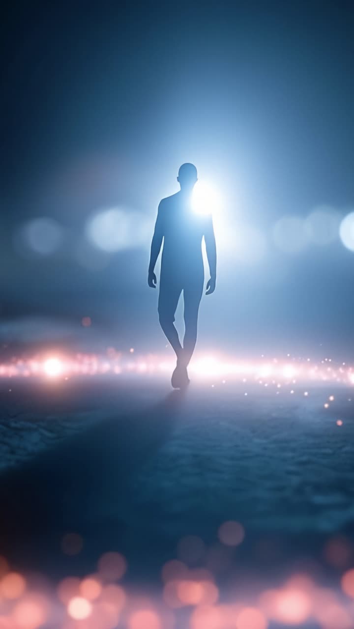 Una figura misteriosa iluminada por luces etéreas avanza a través de un entorno visualmente impactante, creando un aura de intriga y exploración en un paisaje surrealista.