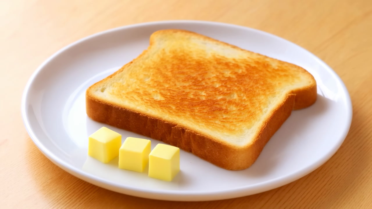 Golden Toasted Bread With Butter Cubes On White Plate, Warm Wooden Table, Closeup Natural Light, Appetizing