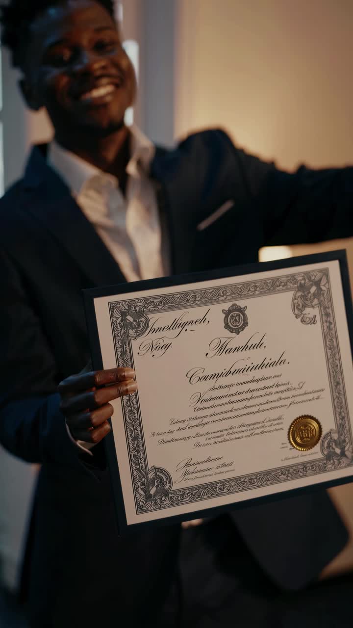 A close-up video captures a joyful man in a suit holding a certificate