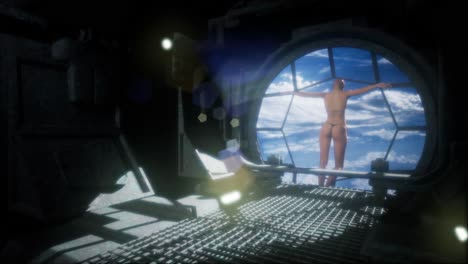mujer observando la tierra desde las ventanas de la estación espacial tierra azul y nubes