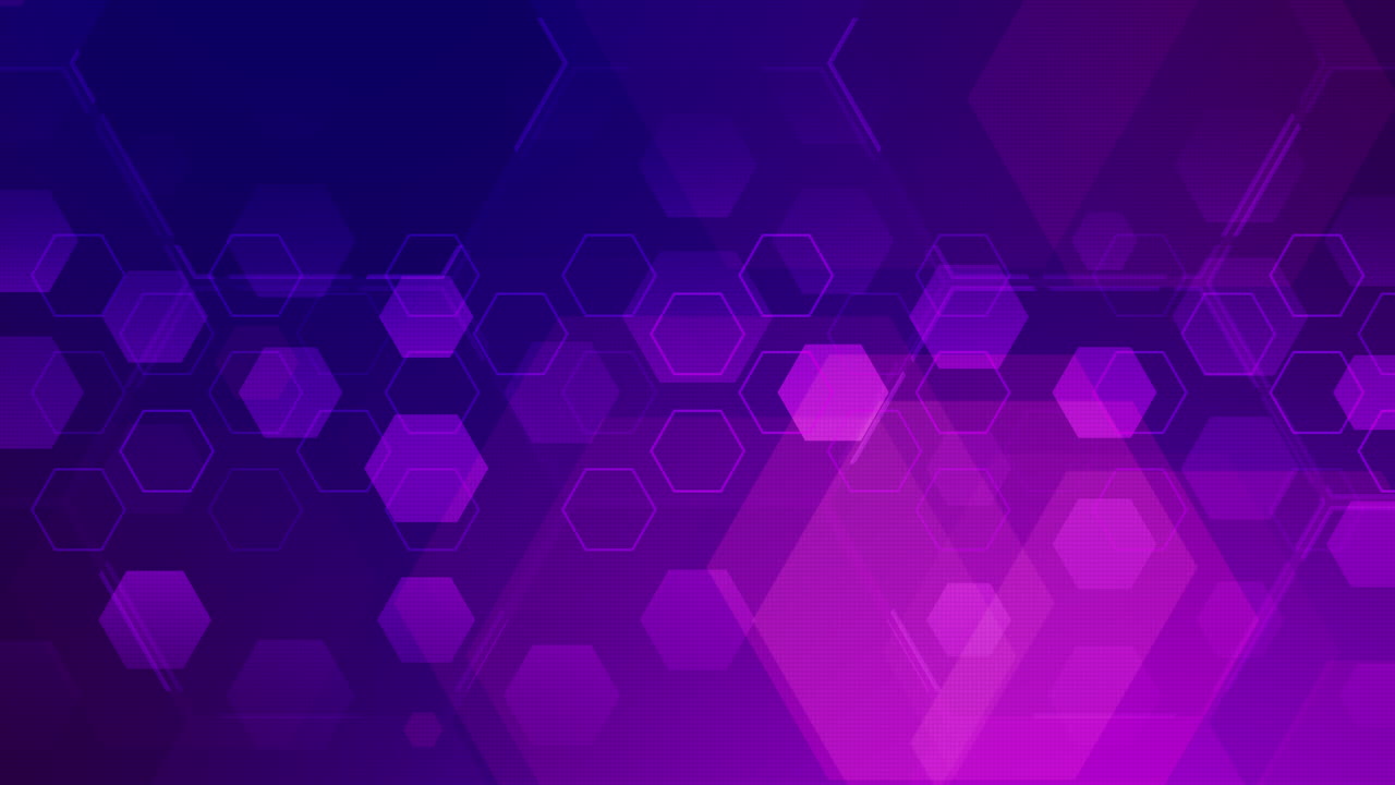 Sfondo tecnologico astratto geometrico viola con numerosi esagoni. Griglia animata con una sfumatura blu. Grafica in movimento in loop.