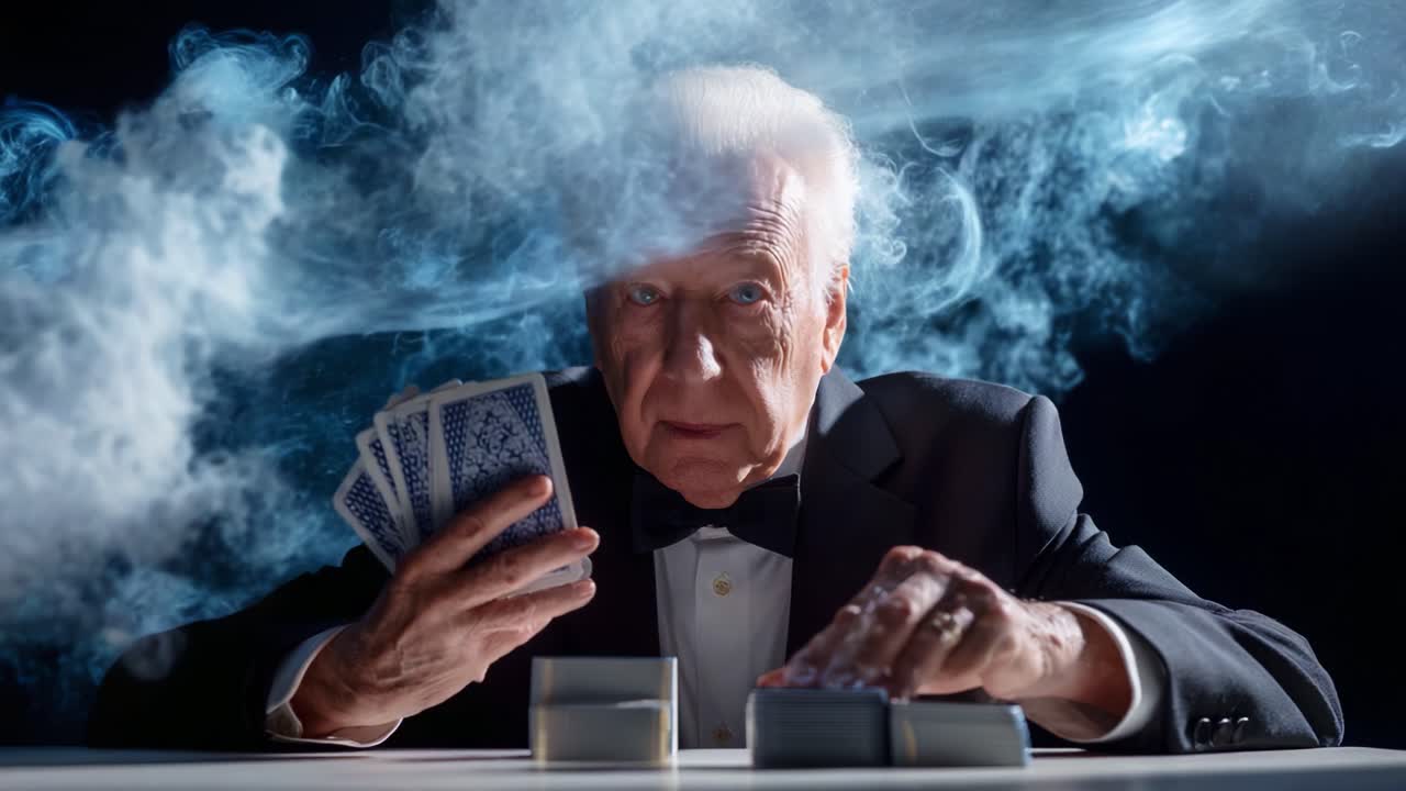 Un maestro nel gioco di carte, avvolto nel mistero e nel fumo, dimostra la sua abilità con le carte da gioco, incarnando un'atmosfera di suspense e fascino, evidenziando le profondità della strategia e dell'illusione.