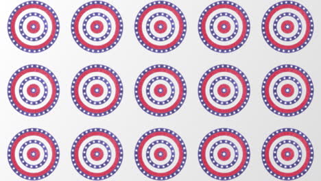 american flag with rows of white stars on turning red, blue and white circles on white background