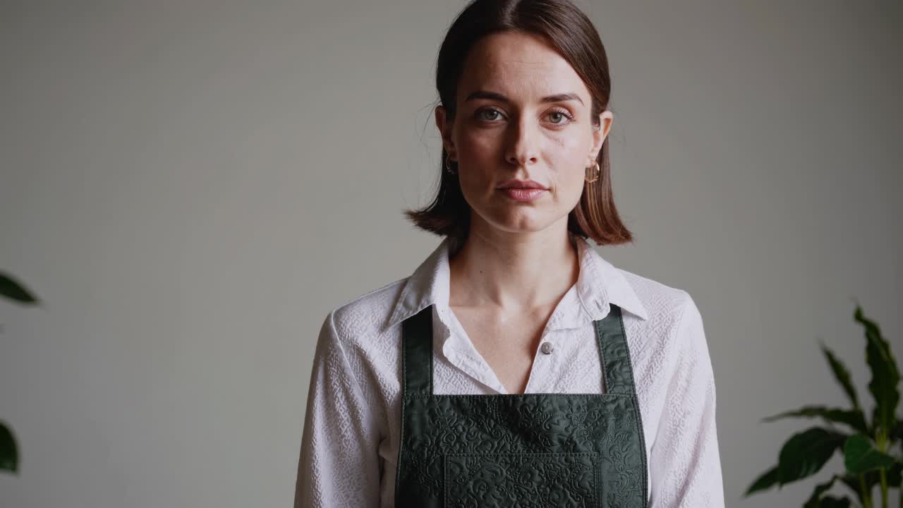 florista tranquilo con delantal y camisa blanca está mirando a la cámara en un fondo gris claro, una planta es visible en ambos lados, fuera de foco