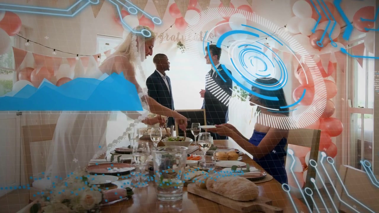 Wedding reception starting bride rising carrying bowls serving guest while HUD overlay focusing men