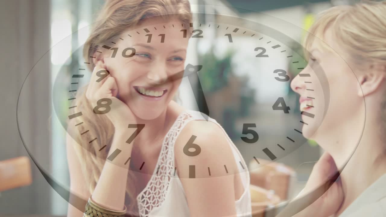 Translucent clock overlay sweeping time triggers friends sipping coffee laughing for hospitality ad